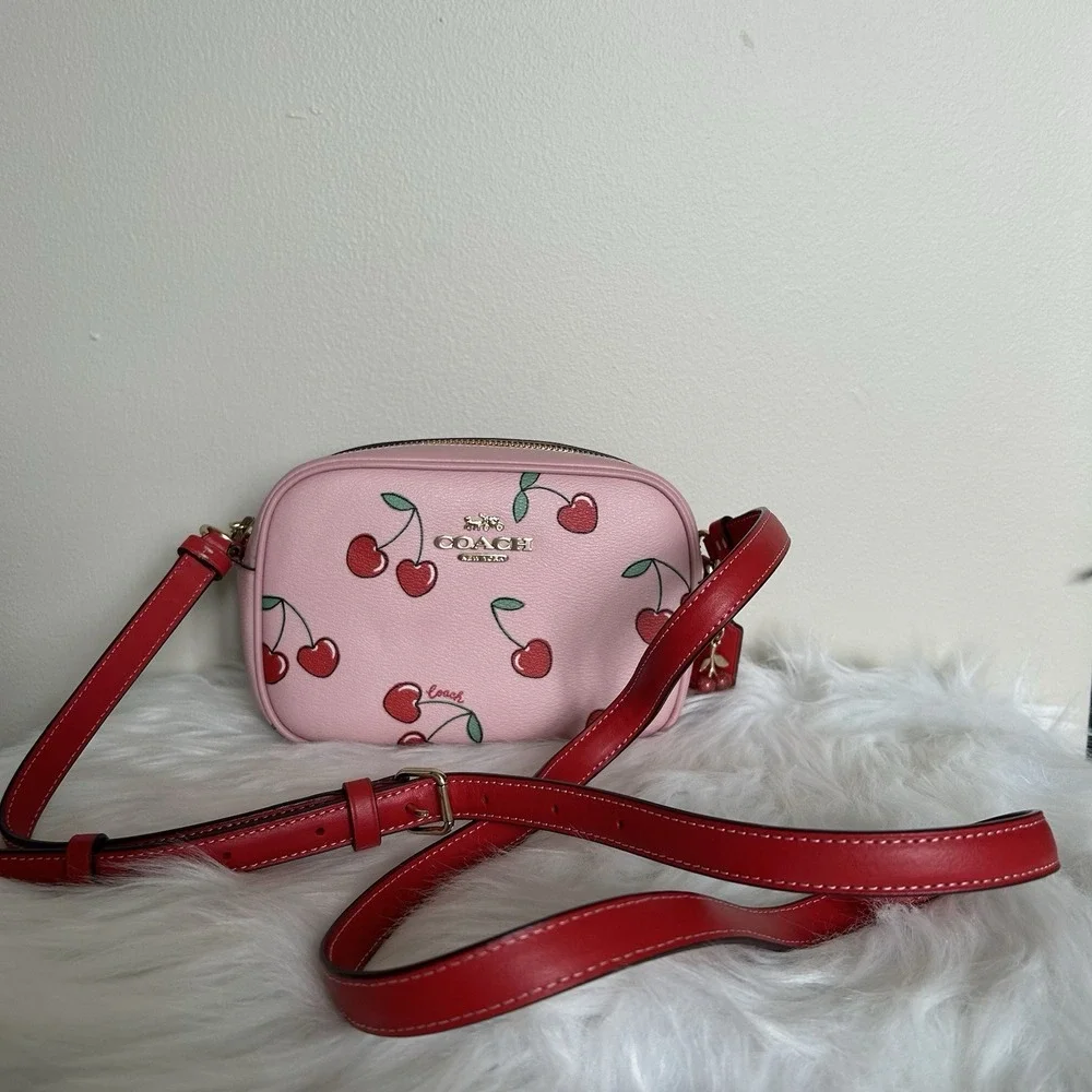 Coach Jamie Camera‎ Bag Pink Cherry Print Pebbled Leather Crossbody Excellent